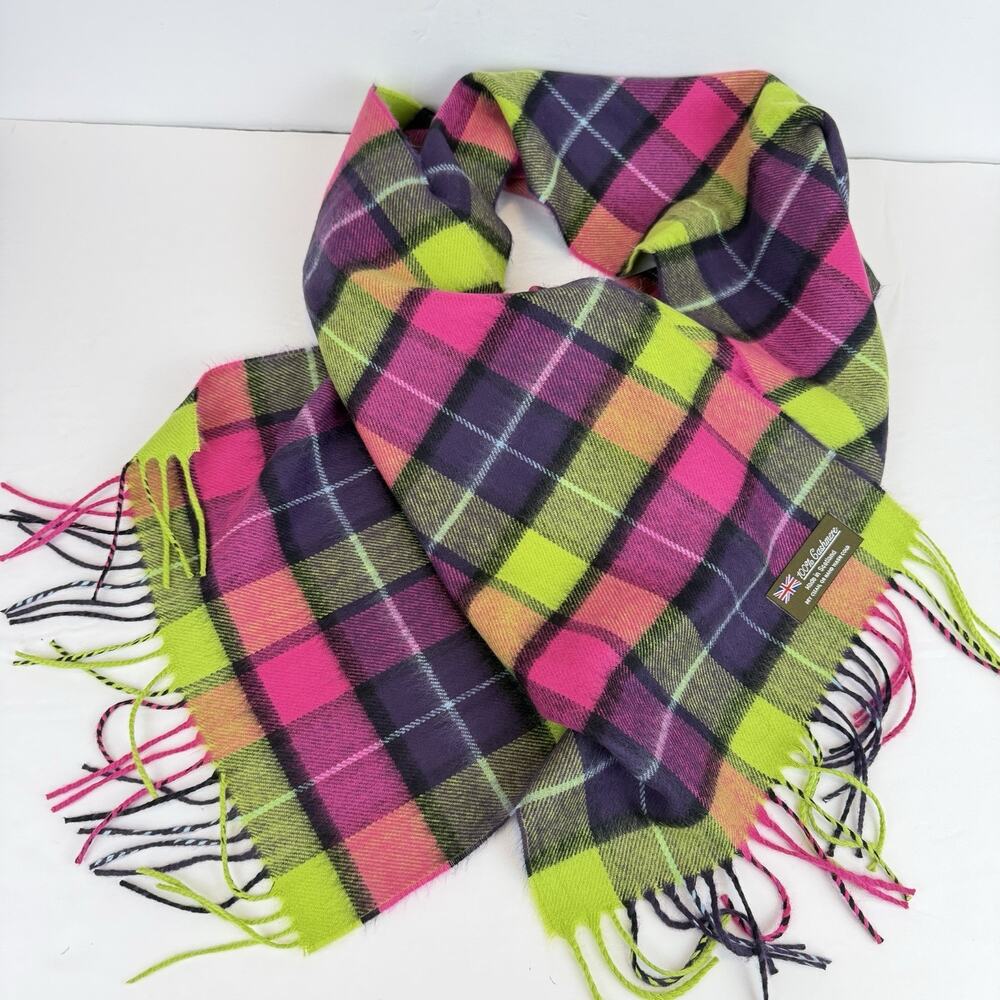 100% Cashmere Scarf Made in Scotland 70X12 Neon Pink Yellow Luxury Soft Classic